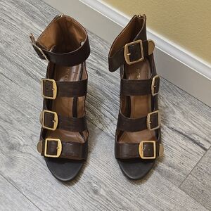 BCBGeneration Chocolate Buckle Strap Wedge Heels